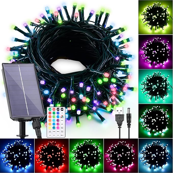 Solar String Lights Outdoor Waterproof 40Ft, 18 Colors Changing 100 LED Christmas Lights Solar Powered & USB with Remote, RGB Fairy Lighting for Outside Tree Fence Party Indoor Halloween Decor