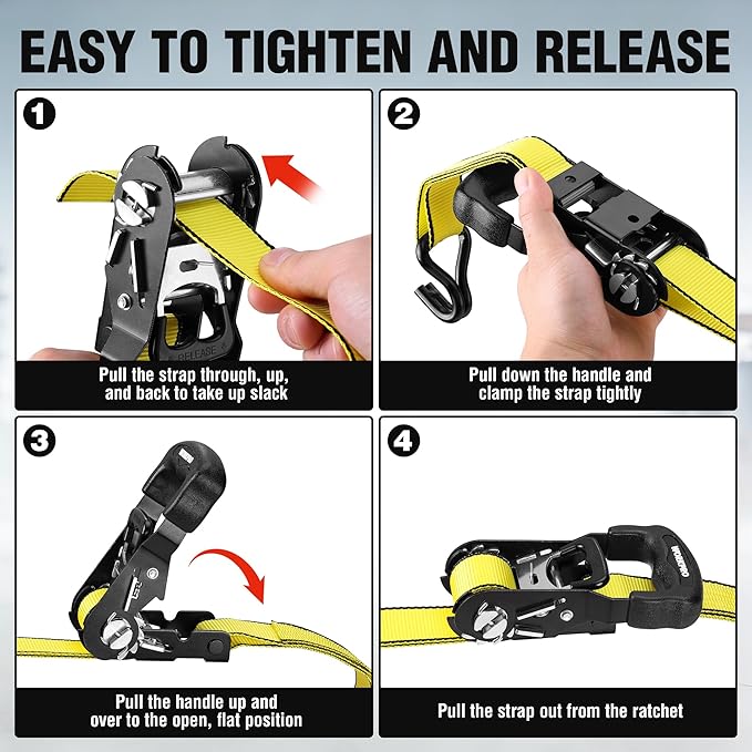 WORKPRO Ratchet Tie Down Straps, 2-Pack | 1.5" x 16' | 3300 lbs Break Strength Heavy Duty Ratchet Straps, Fits for Moving Appliances Motorcycle ATV Truck (Yellow)