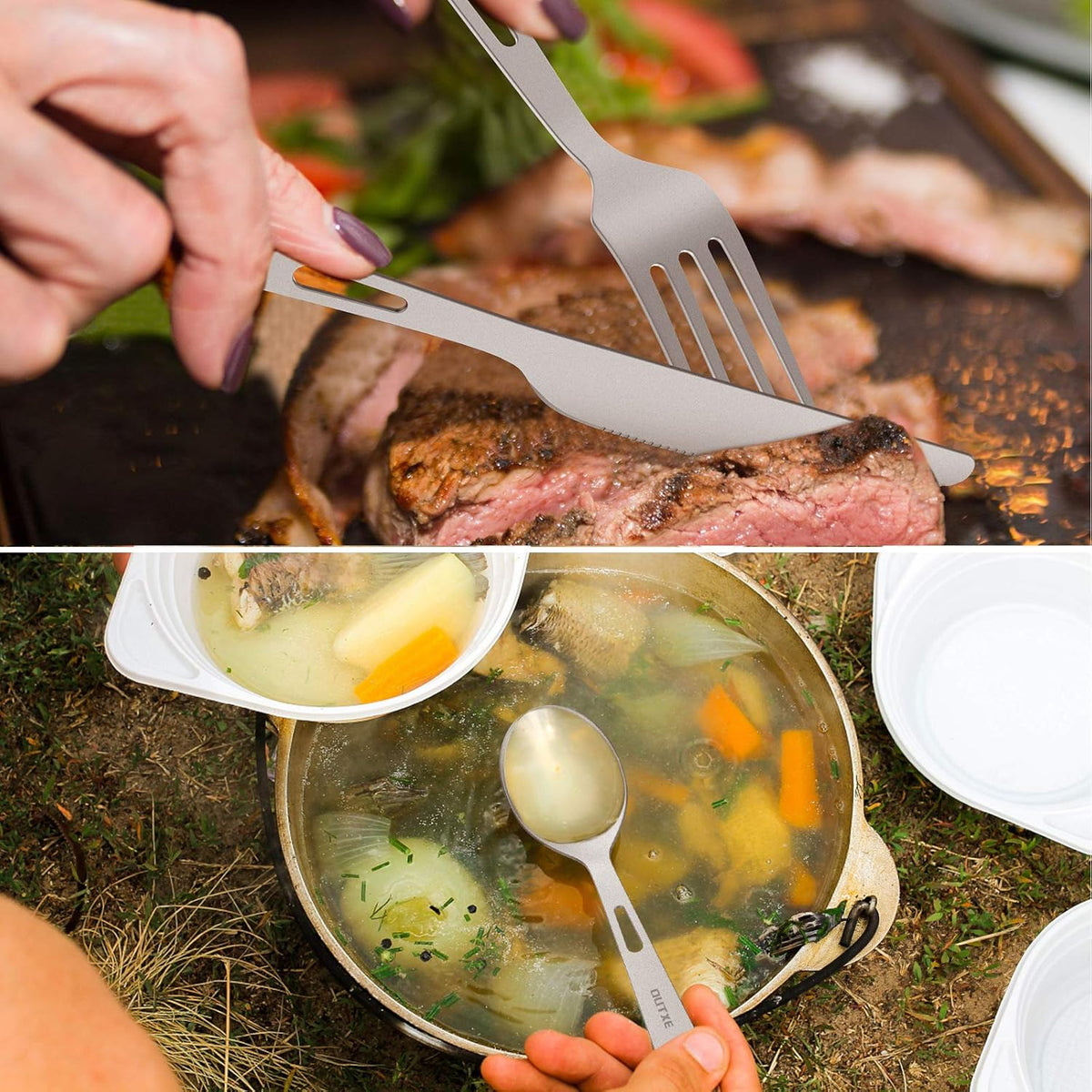 OUTXE Titanium Flatware Set - Lightweight Camping Cutlery with Carrying Bag for Travel & Hiking