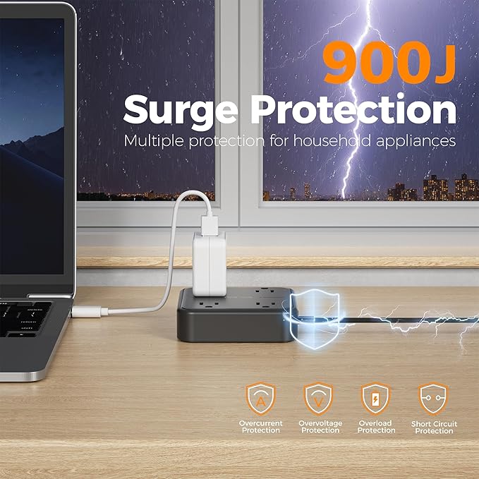 TESSAN Surge Protector Flat Extension Cord 5Ft, Flat Plug Power Strip with 4 Outlets 3 USB Ports (1 USB C), 900 Joules Protection, Multiple Wall Outlet Extender Suitable for Home Office Dorm, Black