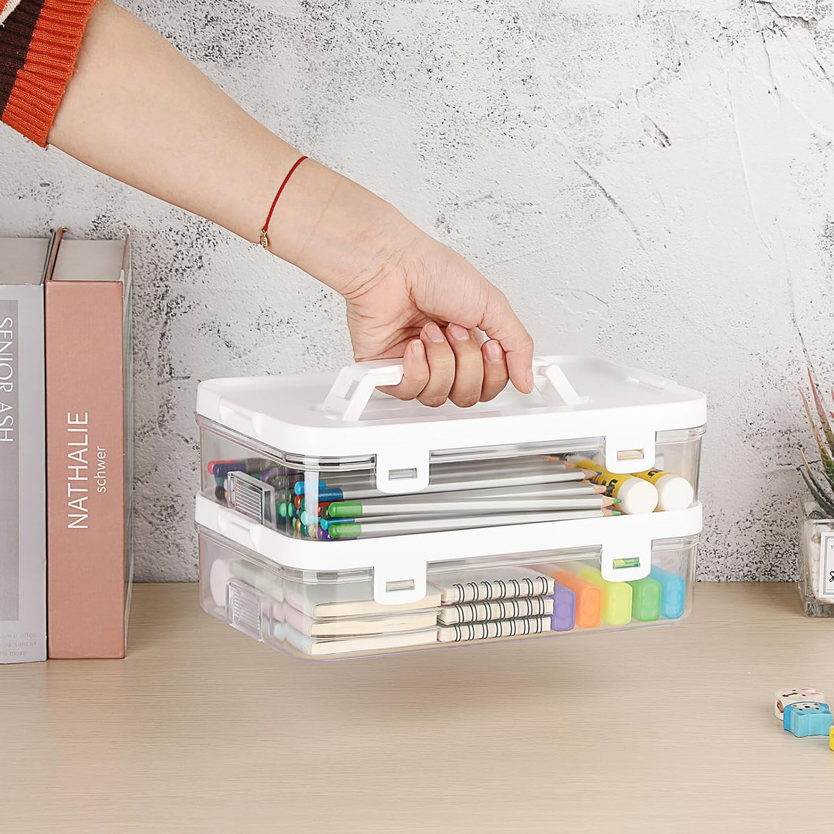BTSKY 2 Pack Clear Plastic Storage Box with Handle & Flap Lid, Portable Craft Organizers and Storage Box Art Supply Storage Organizer Multipurpose Plastic Sewing Box for Beads Pencils Sticky Notes