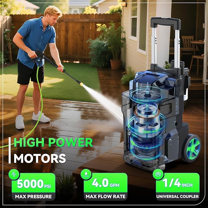 Electric Pressure Washer, 5000 PSI 4.0 GPM Heavy Duty Power Washer, with 4 Nozzles,Foam Cannon,33FT Hose Reel and 500ml Soap Bottle for Home/Cars(Light Green)
