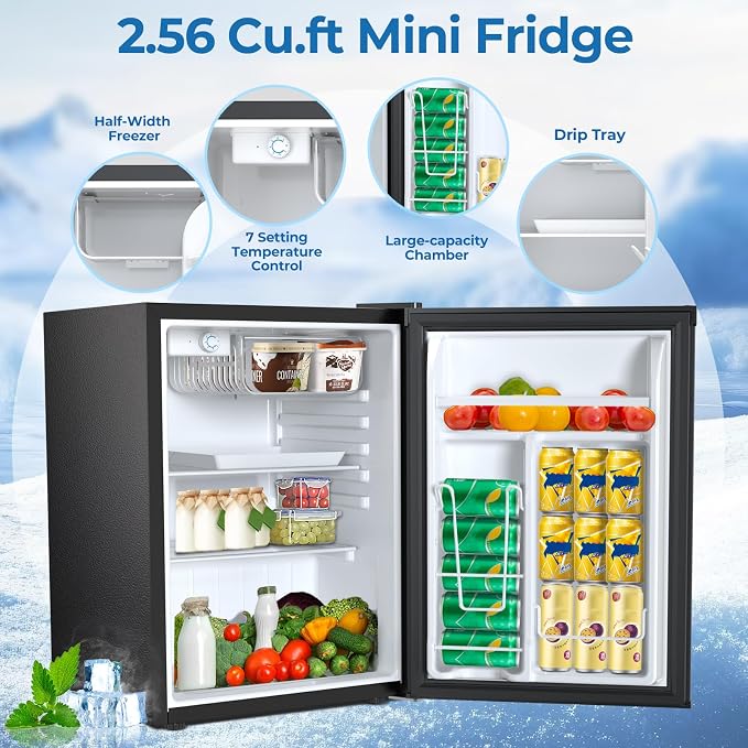 Electactic Compact Refrigerator 2.56 Cu.ft Mini Fridge with Freezer, Single Door Refrigerator with Adjustable Temperature Settings, Low noise, for Bedroom, Office, Dorm