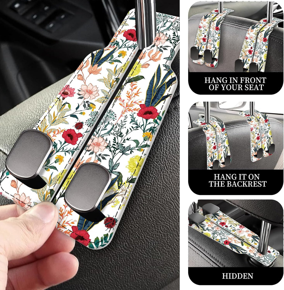 PU Leather Car Seat Hook, Storage Headrest Hanger, Cute Car Backseat Organizer, Car Hooks For Purses and Bags Colorful Wildflowers White