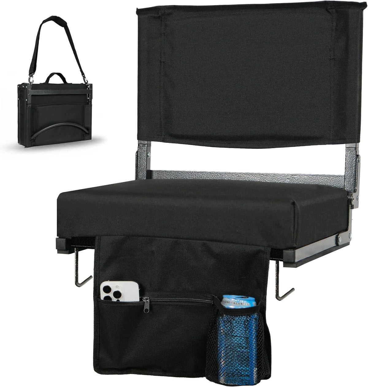 Skiennix Stadium Seats - 18.5" High Back Support & 3" Thick Foam Cushion | Portable Folding Chair with Strap & Cup Holder