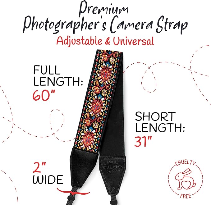 Art Tribute Camera Strap, Vintage Embroidered Neck Shoulder & Crossbody Camera