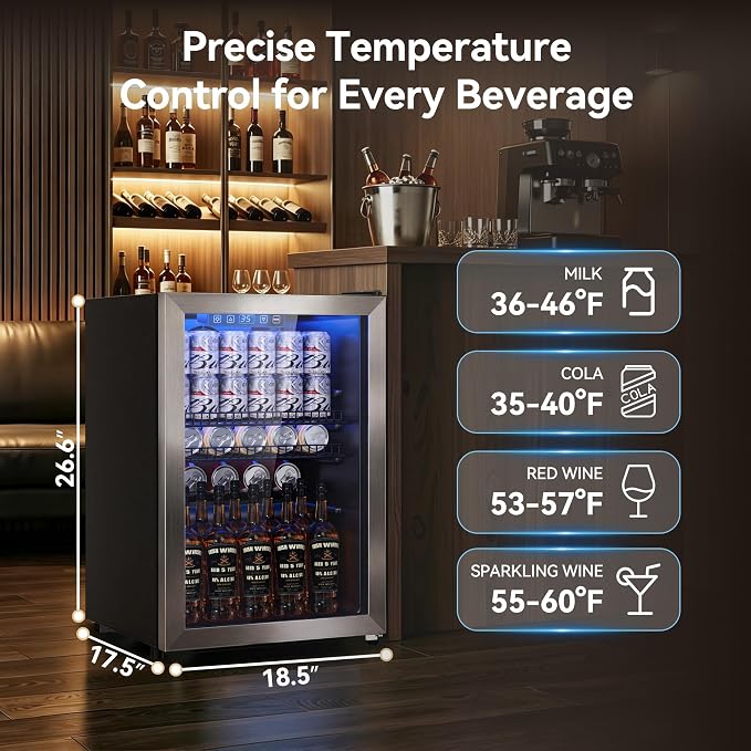 Tehanld 2.5 Cu.Ft Beverage Fridge, Glass Door Mini Fridge, Silver, 96 Can | Adjustable Shelves for Wine & Beer, Digital Temp, Holds Up to 96 Cans, Freestanding for Home & Office