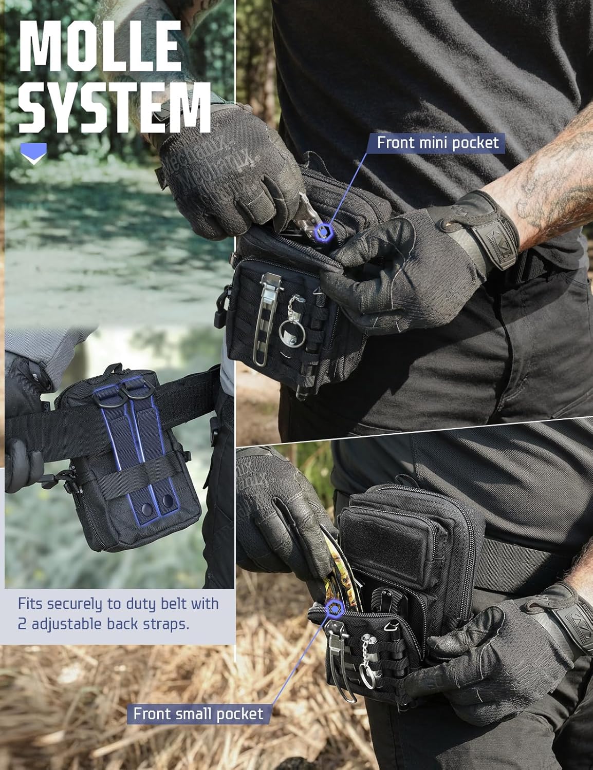 Skiennix Tactical EDC Pouch - 2 Pack Utility Phone Holder for Duty Belt, Backpack, Vest | Includes 2 US Flag Patches