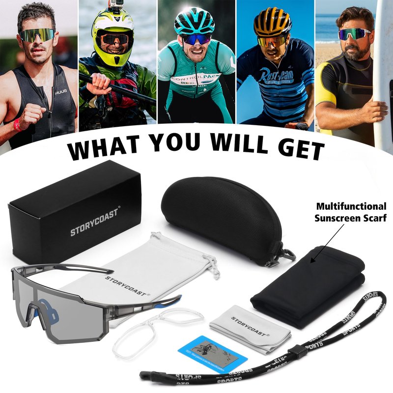 STORYCOAST Polarized Sports Sunglasses for Men Women,Driving Fishing Cycling Mountain Bike Sunglasses UV400 Protection Clear Gray Frame-photochromic Lens
