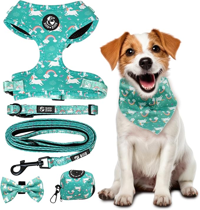No Pull Harness and Leash Set - 6-in-1 Adjustable Vest Harness and Collars for Medium and Large Dogs. (Tile Unicorn, Medium)