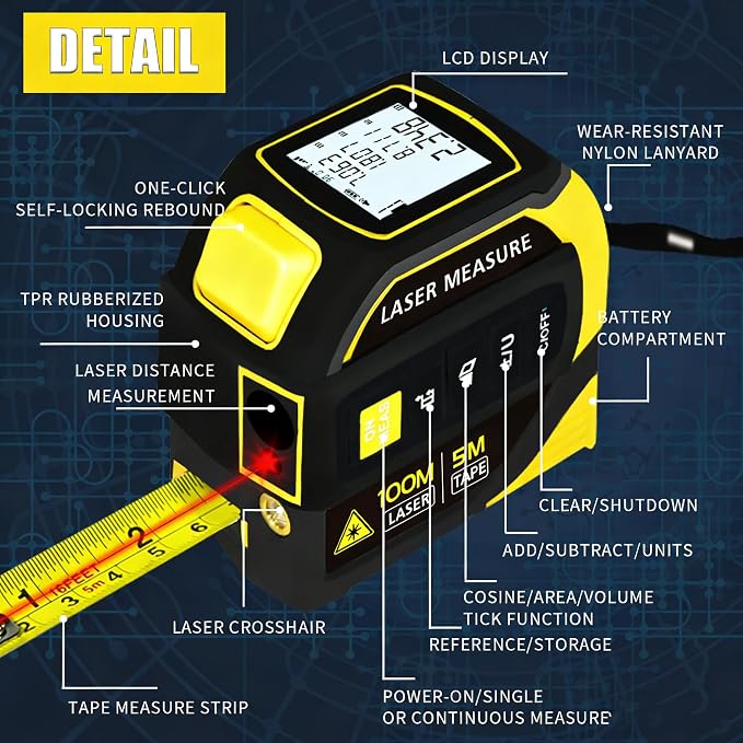 4-in-1 Laser Tape Measure 328FT, Digital Laser Distance Meter, 16FT Steel Tape