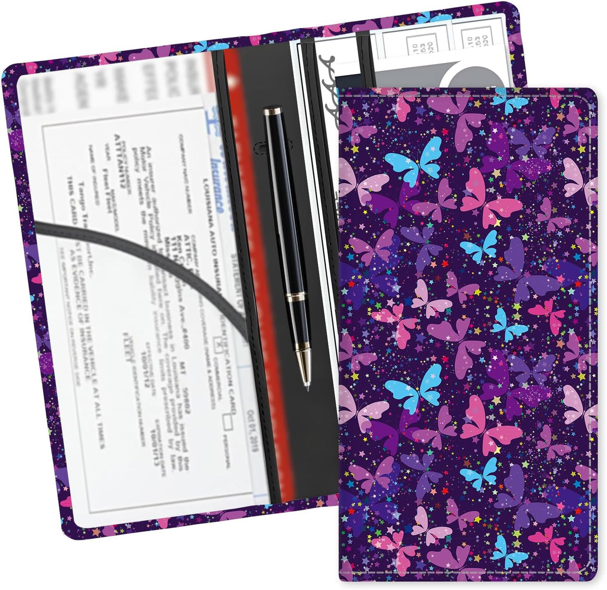 Leather Car Registration and Insurance Card Holder, Cute Car Accessories Vehicle Glove Box Car Organizer for Documents, Cards, License Cute Purple Butterfly