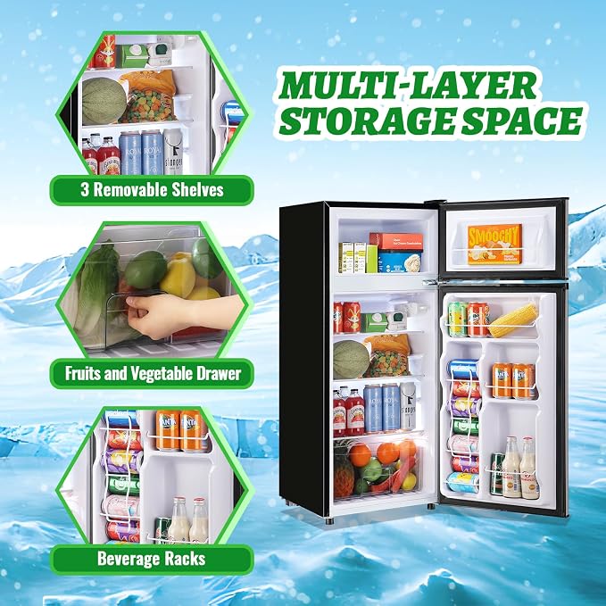 DEMULELR 4.5Cu.ft Refrigerator with Freezer Two Door Fridge with Removable Glass Shelves, Crisper Drawer & Extra Drink Space, LED Light, Apartment Size Fridge for Dorm Silver
