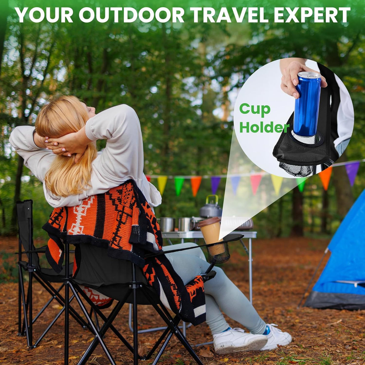Skiennix Lightweight Folding Camping Chairs - 2 Pack with Cup Holder & Carry Bag for Outdoor Activities | Black, Medium