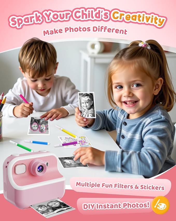 Instant Camera, Front Rear Dual Selfie Kids Camera