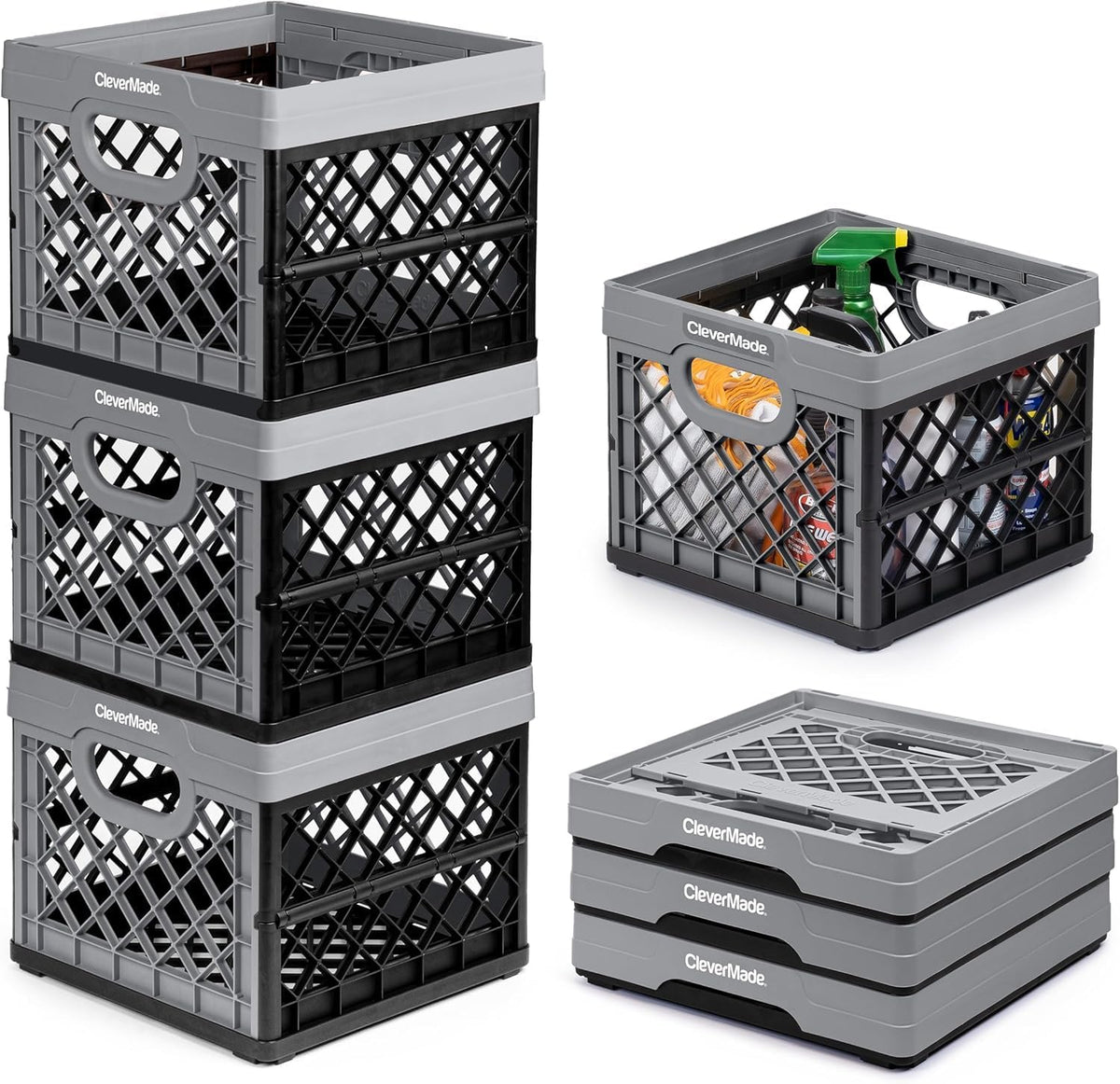 CleverMade Collapsible Milk Crate (Recycled) - 25L - Stone (3PK) and Collapsible Laundry Tote - Shadow Gray/Stone Gray (2PK) Bundle