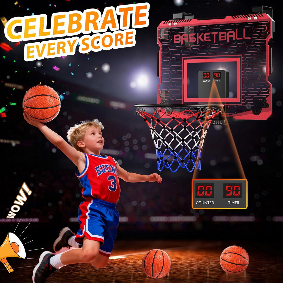 Skiennix Indoor Mini Basketball Hoop - Over The Door with LED Lights & Sound Effects | Includes 3 Balls, Perfect Sports Gift for Kids Ages 6-12