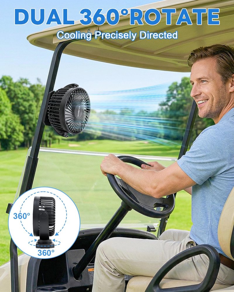 SOQSYS 12000mAh Golf Cart Fan Rechargeable Magnetic Base, Battery Operated Fan Portable with 3 Speeds, LED, Timers, Strap, Hook - Golf Cart Accessories Suitable for Club Car Camping Office Cruise Ship