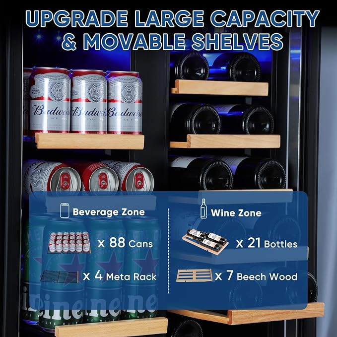 Wine and Beverage Refrigerator 24", Dual Zone Wine & Beverage Cooler with Glass Door and French Door, Built-In/Freestanding Wine and Beer Fridge Holds 21 Bottles & 88 Cans for Home/Bar - Black