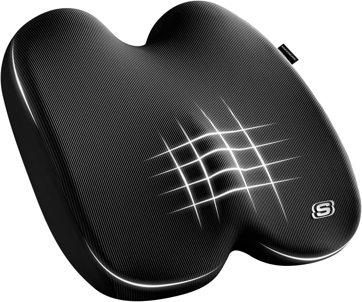 Skechers Seat Cushion, Ergonomic Memory Foam Cushion for Long Sitting Hours on Office & Home Chair, Car Seat Cushion for Sciatica, Coccyx Cushion,Black