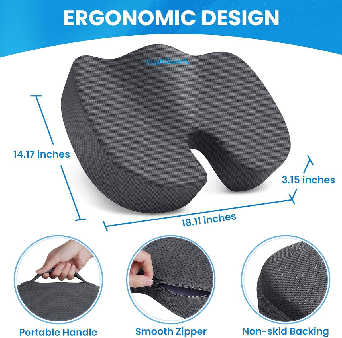 TushGuard Seat Cushion, Office Chair Cushions, Car Seat Cushion, Non-Slip Relief Chair Pad, Memory Foam Butt Pillow for Computer Desk, Office Chair, Grey