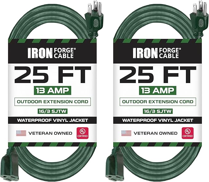 Iron Forge Cable 2 Pack Weatherproof 25 Ft Outdoor Extension Cord - 16/3 SJTW Heavy Duty Green Extension Cord 3 Prong - 13 Amp Exterior Power Cable