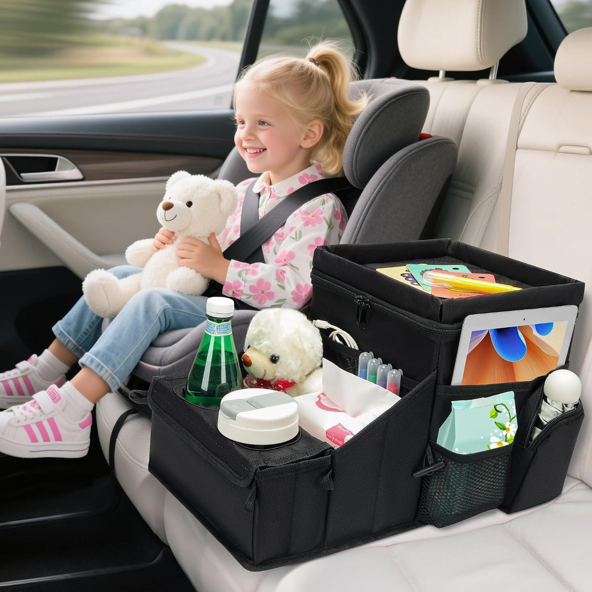 Car organizer for kids ，Backseat Organizer for Kids and Passenger Seat Organizer for Adults ，Car Seat Cooler and Warmer with Cup Holders and Convertible Tray Lid(Black)