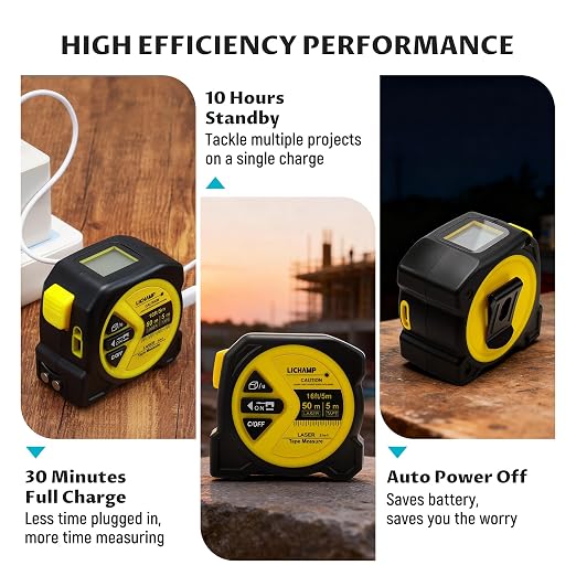 Lichamp Laser Tape Measure, 164ft Class II Laser Distance Meter and 16ft Manual
