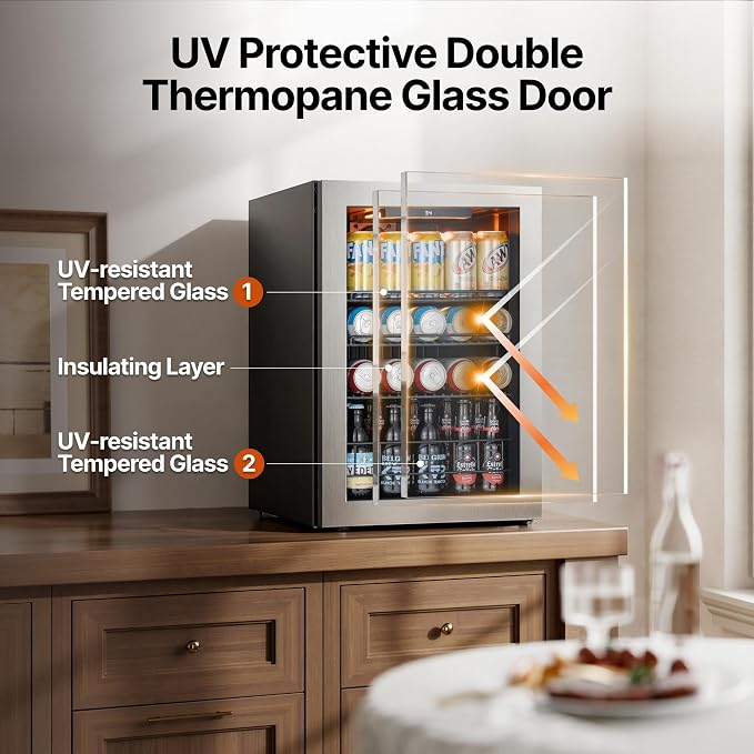 Ca'Lefort 85 Cans Mini Fridge, Beverage Refrigerator Cooler for Drink, Beer | 2.18 Cu.ft, Low-noise, Reversible Glass Door, 3-Color LED Lighting, Adjustable Shelves, 34℉ to 54℉