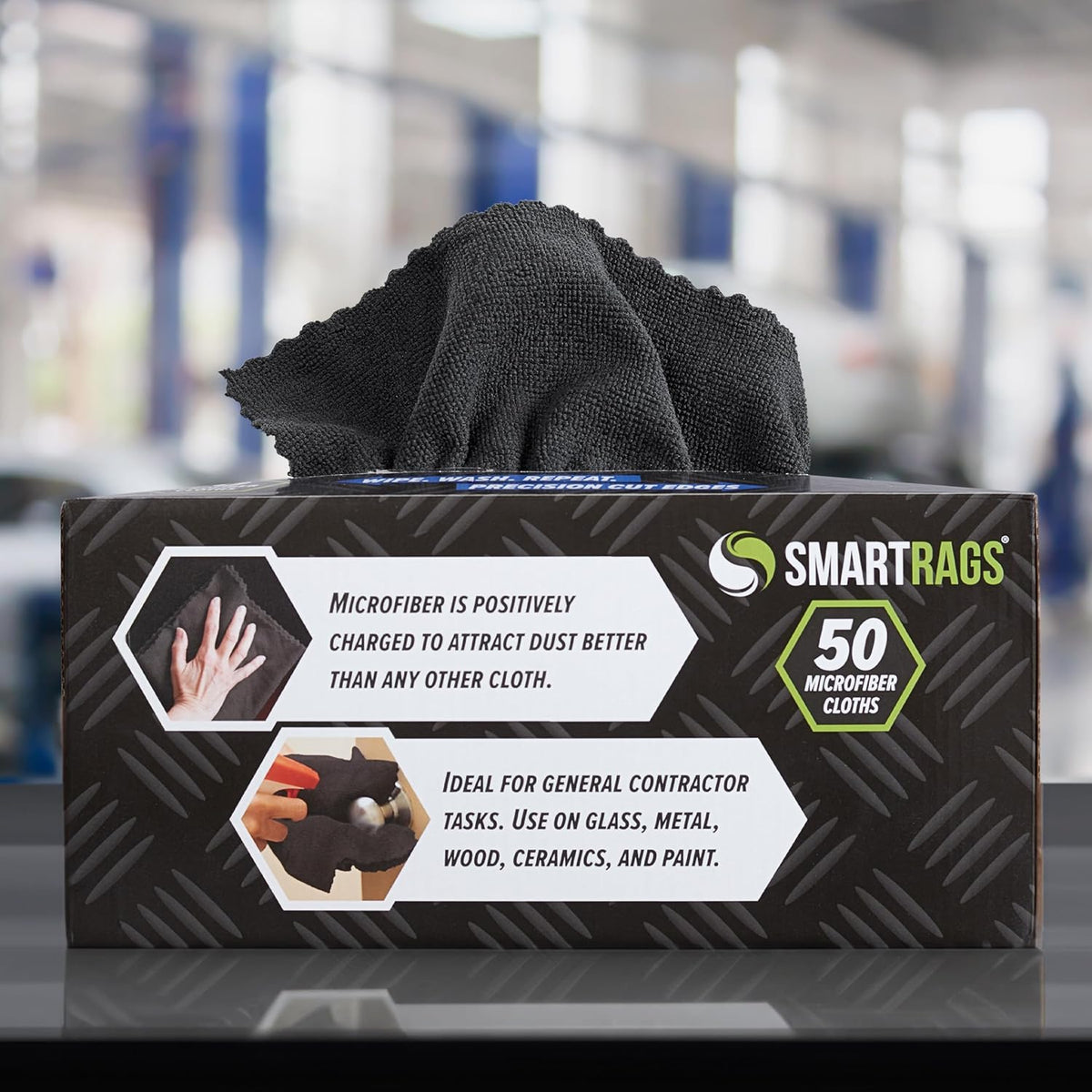 Arkwright Smart Rags Microfiber Cleaning Cloths, Pack of 50 in a Box, Lint Free 180 GSM Reusable Towels for Auto, Office and Household Cleaning, 12 x 12 in, Black