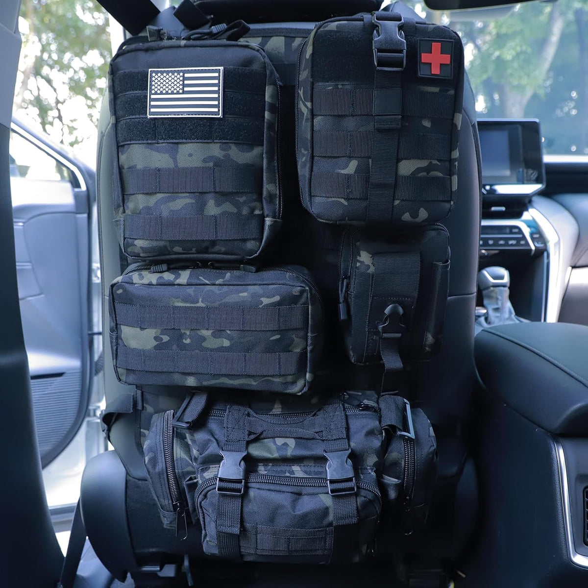 Universal Tactical Car Seat Back Organizer Bag Tactical Molle Vehicle Organizers Panel Vehicle Protector Organizers with 5 Detachable Pouches for Car Truck Ford Jeep (Upgraded D model Black camo)