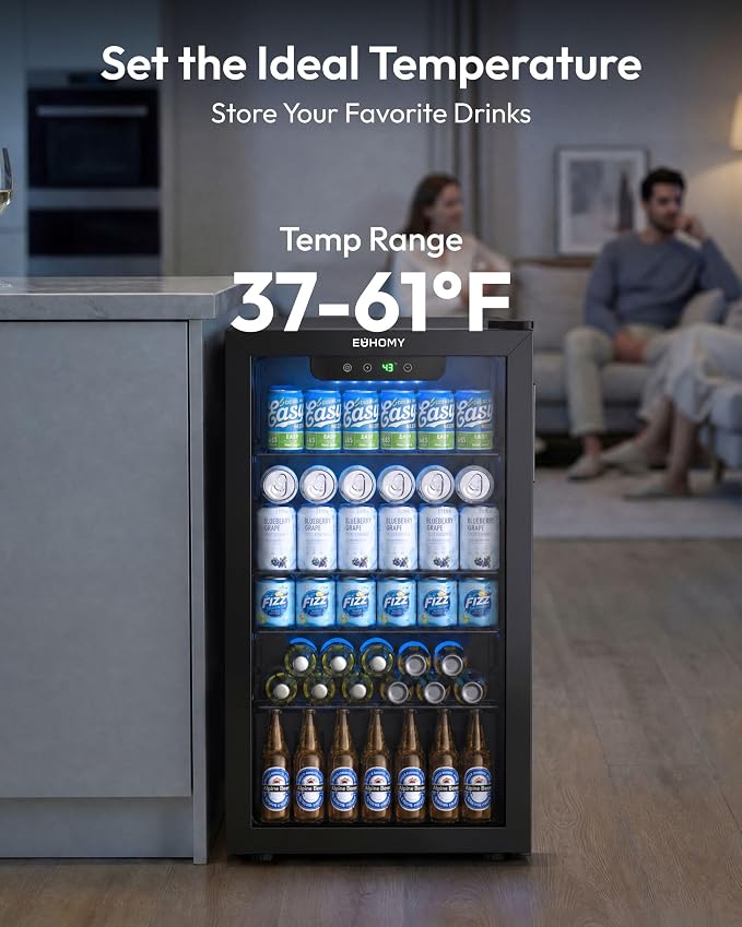EUHOMY Beverage Refrigerator and Cooler, 128 Can Mini fridge with Glass Door, Small Refrigerator with Removable Shelves for Soda Beer or Wine, Home/Bar/Office, Black