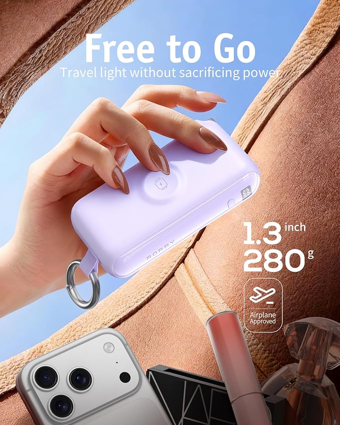 RORRY Flow Portable Charger, 10000mAh 40W Fast Charging Power Bank with Built-in USB C Cable and Foldable Wall Plug, Battery Pack Travel Essentials for iPhone 17/16/15, Apple Watch, iPad, MacBook