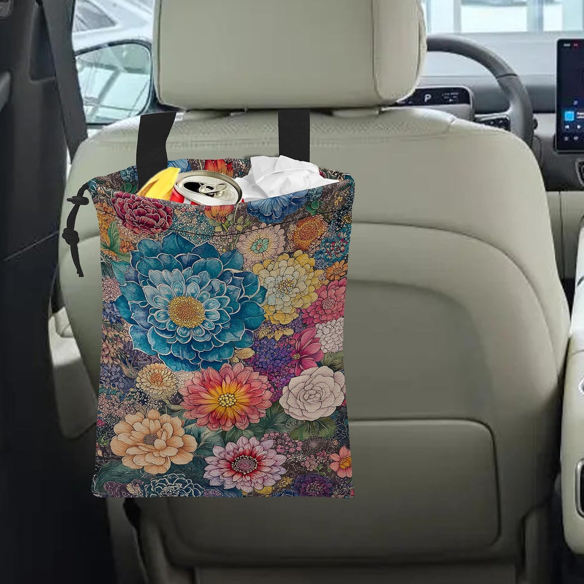 Car Trash Bag Hanging Blooming Flowers Car Trash Can Waterproof Garbage Bag Hanging for Car Back Seat