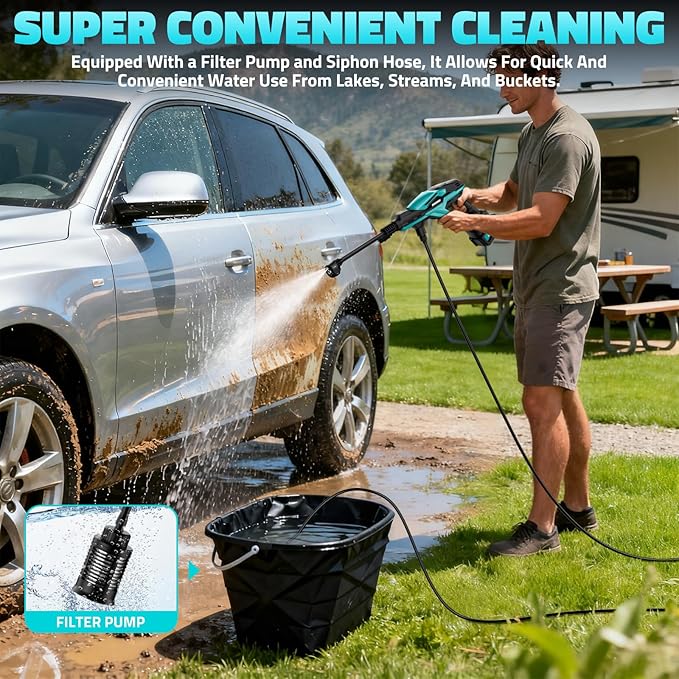 Cordless Pressure Washer Battery Powered, Powerful Handheld Portable Pressure Washer with Brushless Motor, 1 x 4.0Ah Battery & Charger, 6-in-1 Nozzle and Storage Handbag, 3 Power Level for Yard/Car