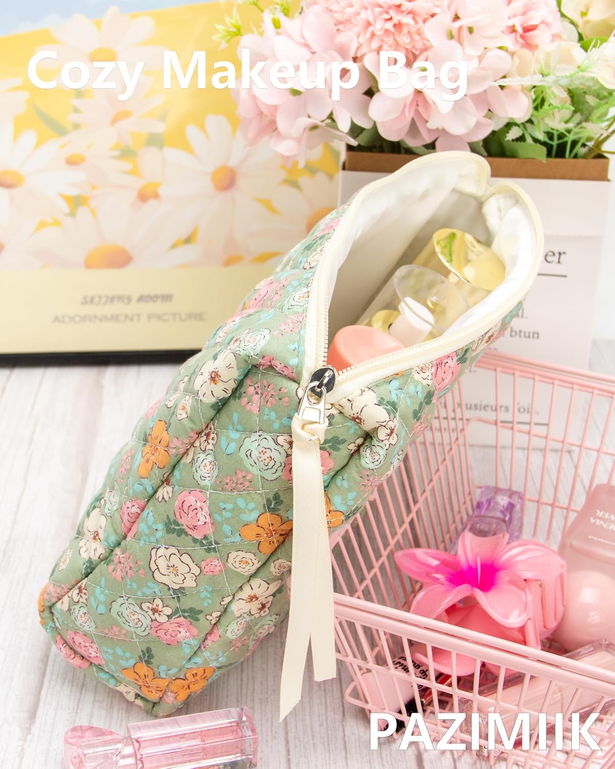 3 Piece Quilted Makeup Bag Set for Women,Cosmetic&Toiletry Bag,Green Flower