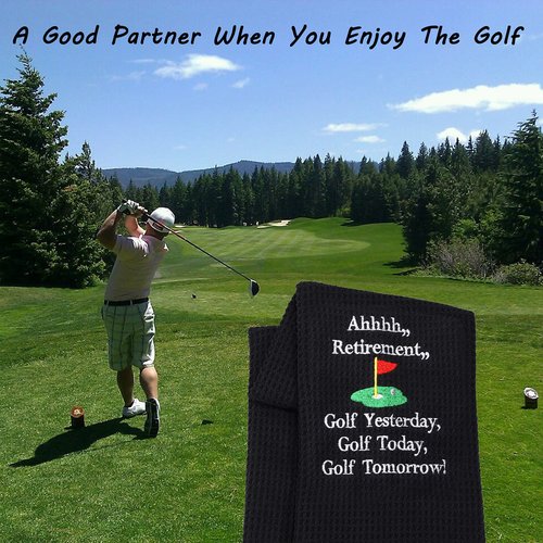LEVLO Ahhhh Retirement Golf Yesterday Golf Today Golf Tomorrow Embroidered Golf Towel with Clip Golf Gift for Men/Women (Ahhhh Retirement-Black)