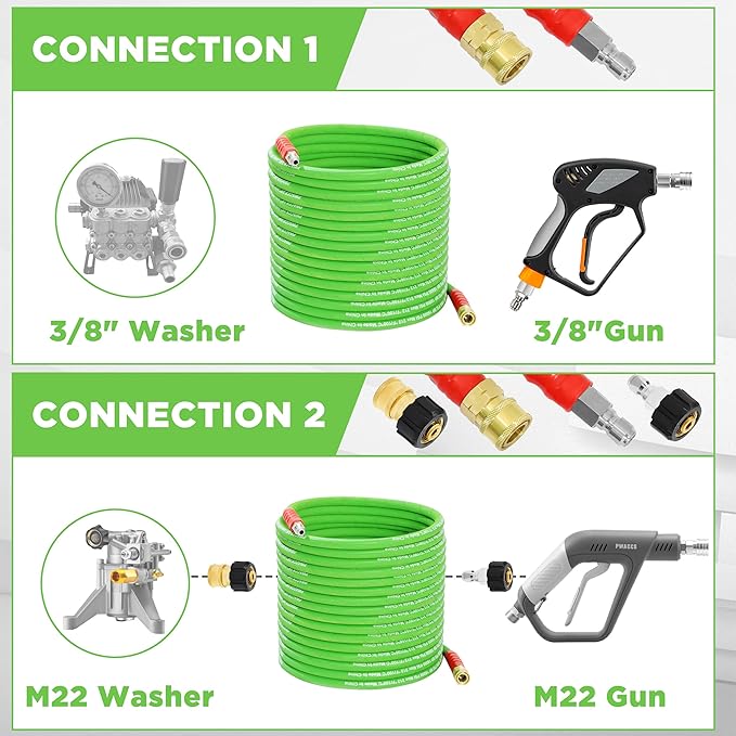 PWACCS Pressure Washer Hose 50 FT, 3/8" Kink Resistant Power Washer Hose Steel Braided Quick Connect with M22 14 Fittings for Cold/Hot Water, 4000 PSI