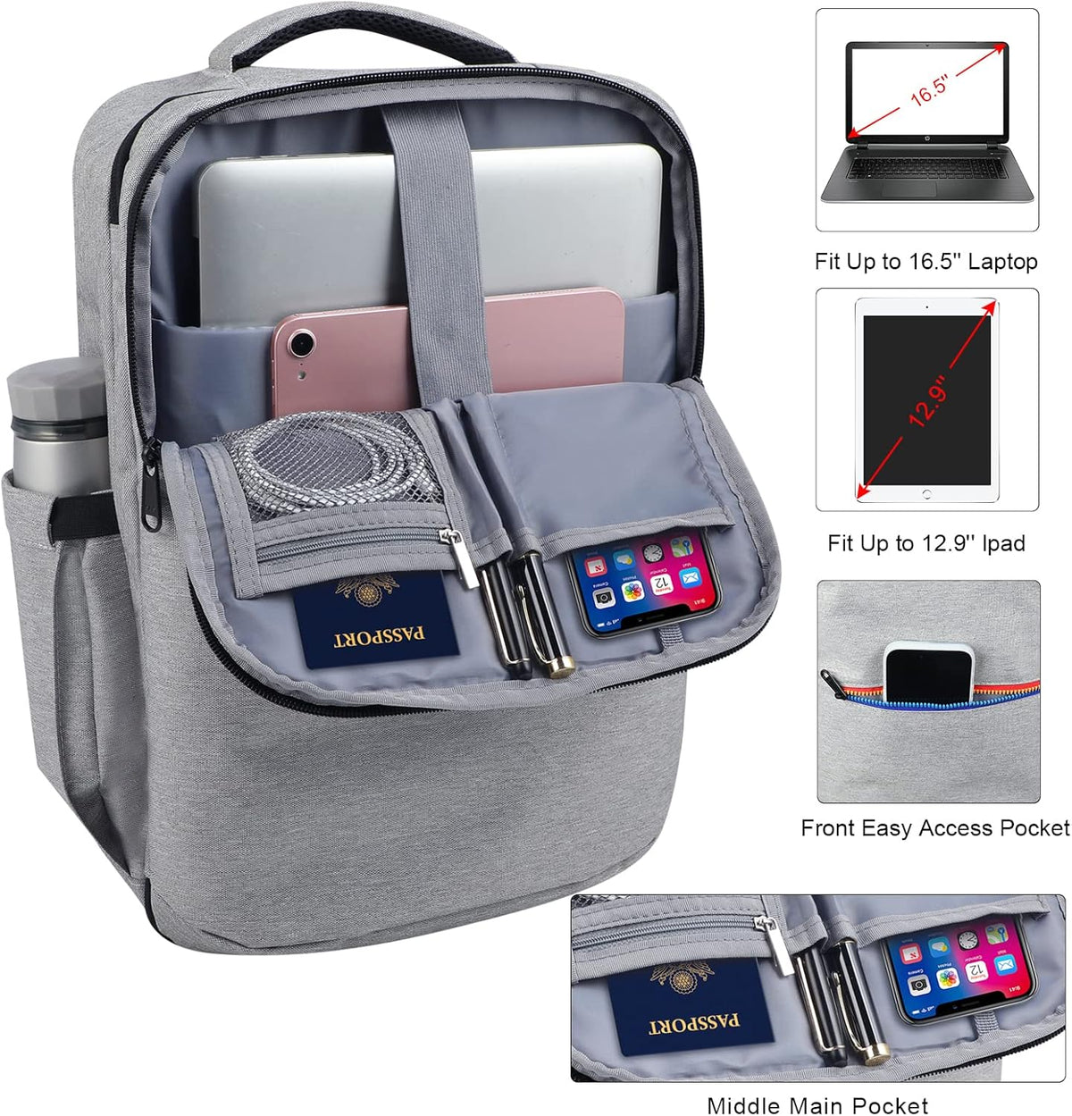 Skiennix Travel Backpack - TSA Approved Carry-On with USB Charging Port | 15.6-Inch Laptop Bag in Grey