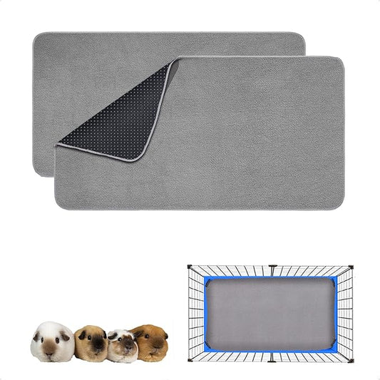 Guinea Pig Cage Liner, 2 Pack - Washable, Reusable, Leakproof Fleece Bedding Pads for Small Animals with Anti-Slip Bottom - for 15''x29'' Area, Gray