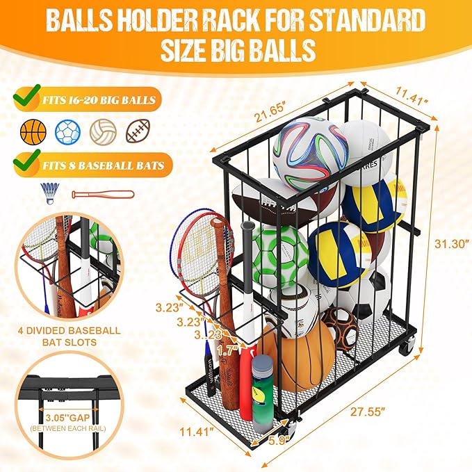 Garage Ball Storage With Baseball & Badminton Holder: Floor Sports Equipment Organizer, Sports Ball Rack With Elastic Rope, Ball Holder for Basketball, Soccer, Volleyball, Football, Garage, Gym, Black