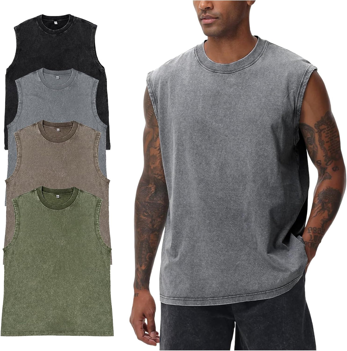 Yimoon Men's Workout Tank Tops - Sleeveless Cotton Acid Wash Gym Shirts | Loose Fit Muscle Tees