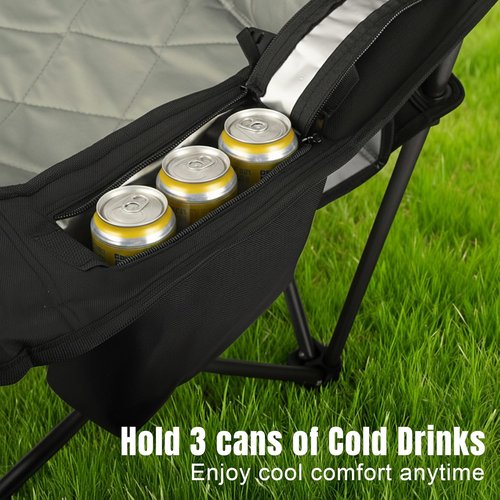 Heavy Duty Camping Chair - 350LBS Capacity | Portable Folding Chair with Cooler Bag & Cup Holder - Black