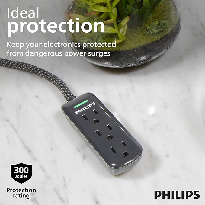 Philips 3-Outlet Grounded Extension Cord Long Extension Cord, Flat Plug Surge Protector Power Strip, 300 Joules, UL Listed, Black, SPC3434BB/37