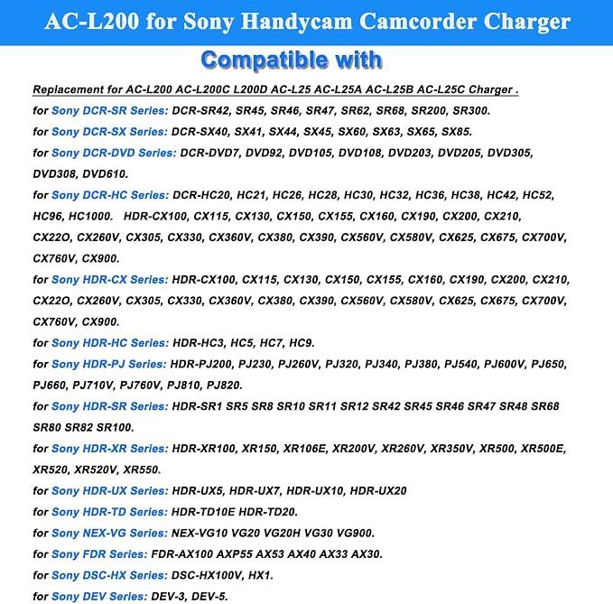 AC-L200 Charger for Sony Handycam Camcorder, Compatible