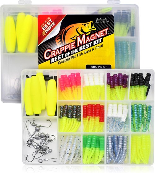 Leland's Lures Crappie Magnet Fishing Kit - 96 Bodies, 15 Jig Heads & 4 E-Z Floats for Ultimate Catch