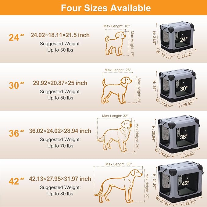 Dog Travel Crate 36 Inch, Portable Soft-Sided Travel Carriers for Dogs and Cats, Foldable Pet Kennel with 3-Doors Mesh Windows Indoor & Outdoor, Grey