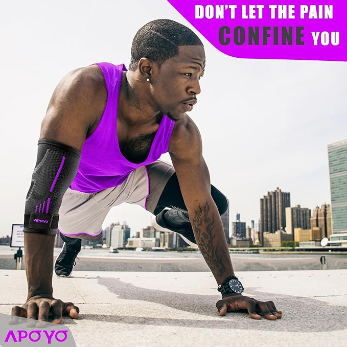 APOYO Elbow Brace for Tendonitis and Tennis Elbow, Elbow Compression Sleeve, Elbow Brace for Women and Men w/ Adjustable Strap for Tennis Elbow Relief, Weightlifting, Arthritis, Workouts, Reduce Joint Pain During Fitness Activity (Purple (Pair), Small)