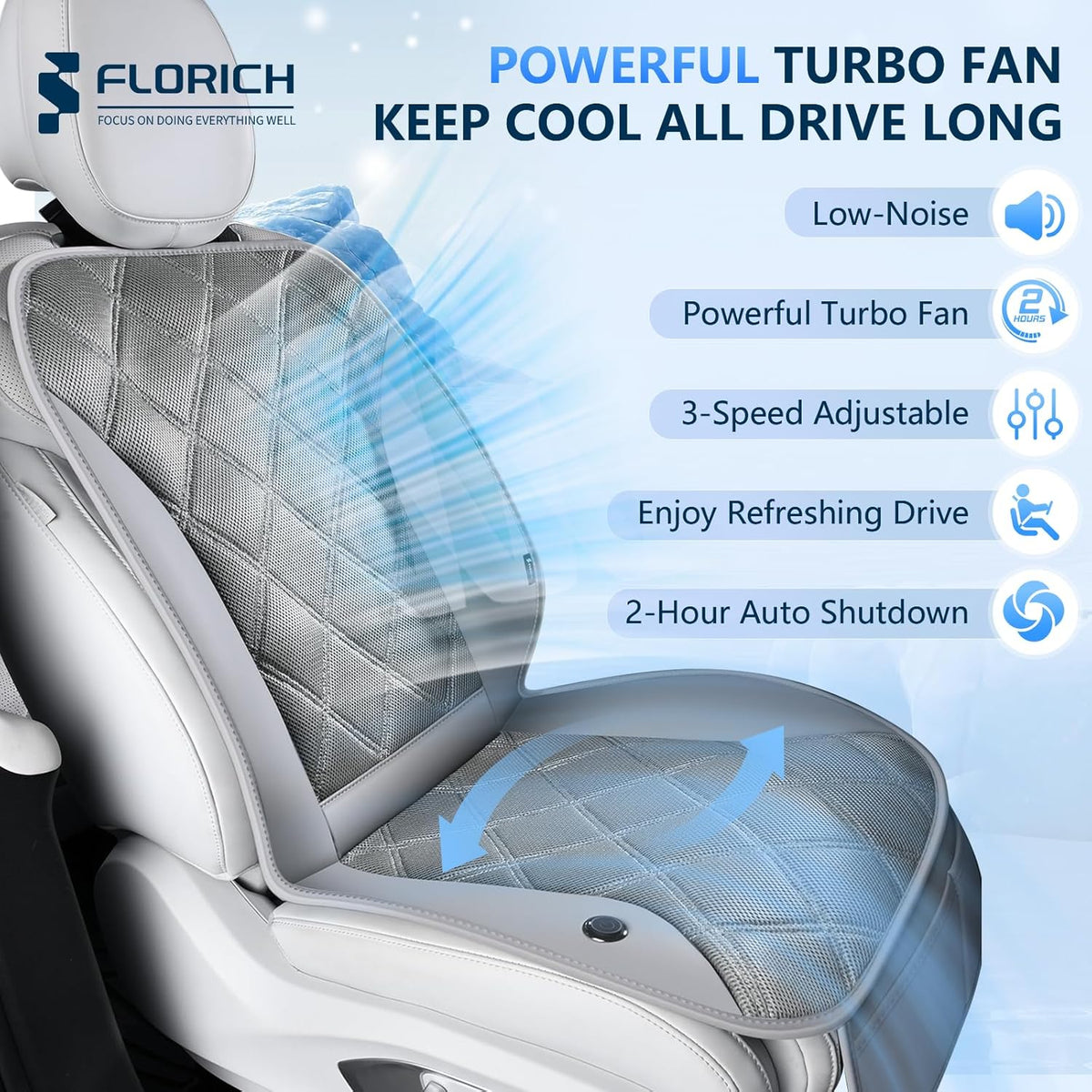FLORICH Cooling Car Seat Cushion Ventilated Car Seat Cover with 3-Speed Adjustable Universal Fit for 12V/24V Car SUV Truck Van for Summer, Gray