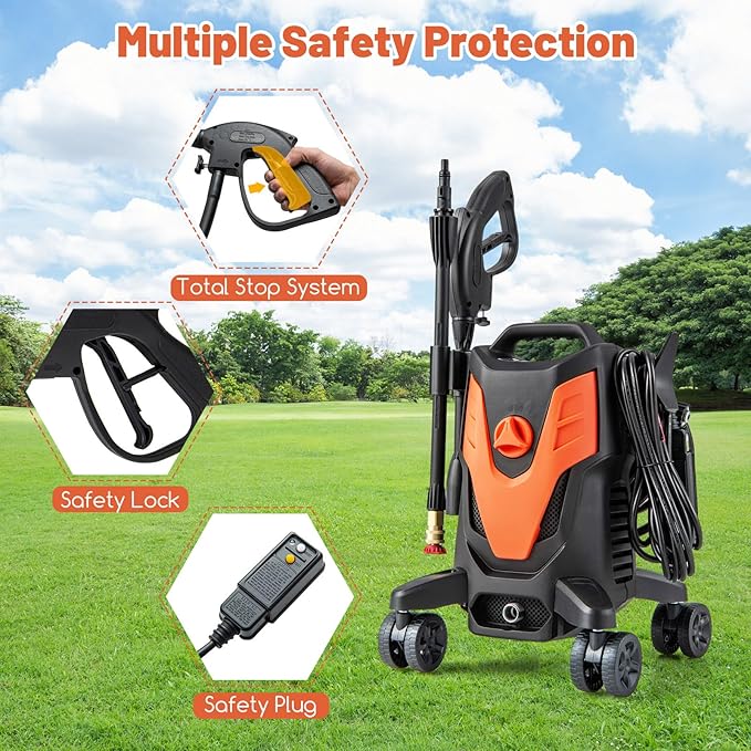 Goplus Electric Pressure Washer, 2400 PSI 1.7 GPM High Pressure Power Washer w/4 Quick Nozzles & Universal Wheels, Portable Pressure Washer IPX5 Car Wash Machine, Cleaning Garden Car Floor (Orange)